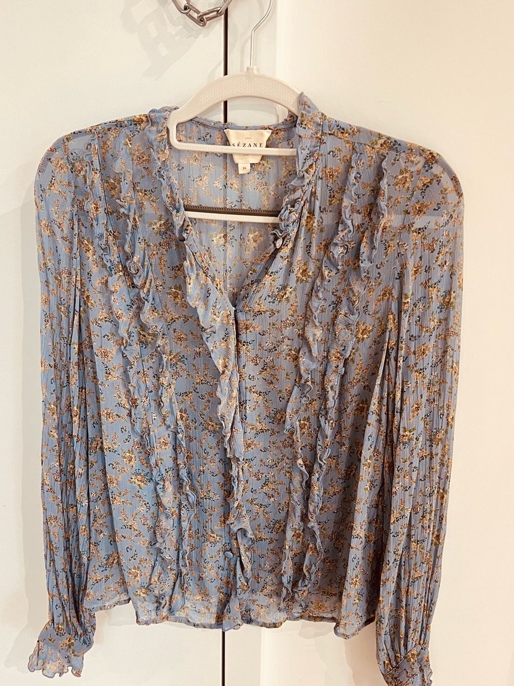 Sezane Powder Blue Floral Ruffle Blouse
